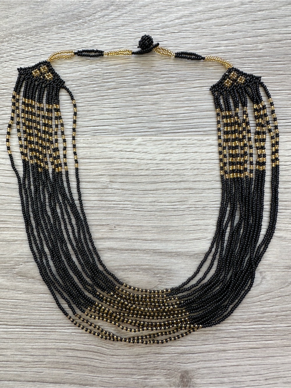 Multi-Strand Seed Bead Statement Necklace Black & Gold Festival Elegant Boho